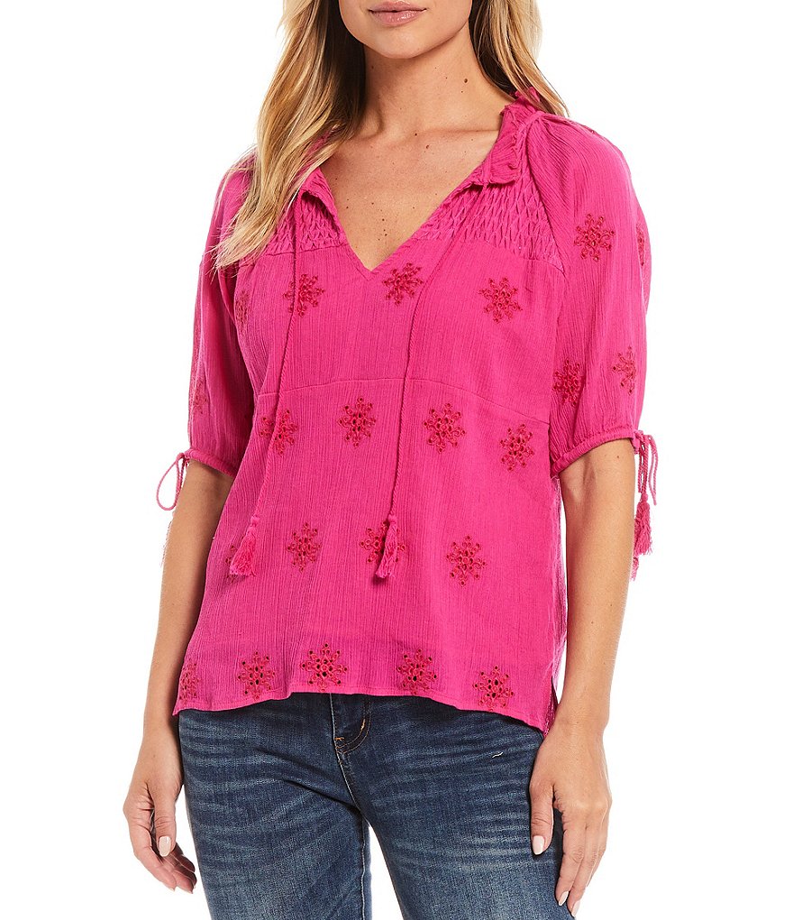 Reba Embroidered Eyelet Cotton Crinkle Puff Sleeve Top