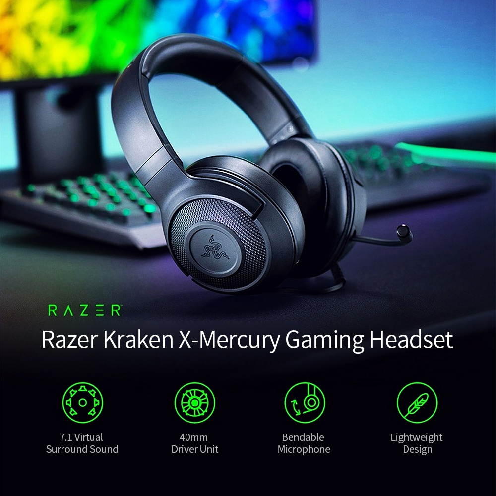 Razer Kraken X-Mercury Gaming Headset 7.1 Surround Sound Headset with Bendable Cardioid Microphone 40mm Driver Unit
