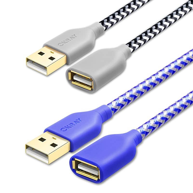 USB Extension,  2 Pack 6 FT Braided USB Extension Cord Data Transfer Extender Cable Type A Male to A Female Compatible for Keyboard, Mouse, Flash Drive, Hard Drive, Game Controller (White Blue)