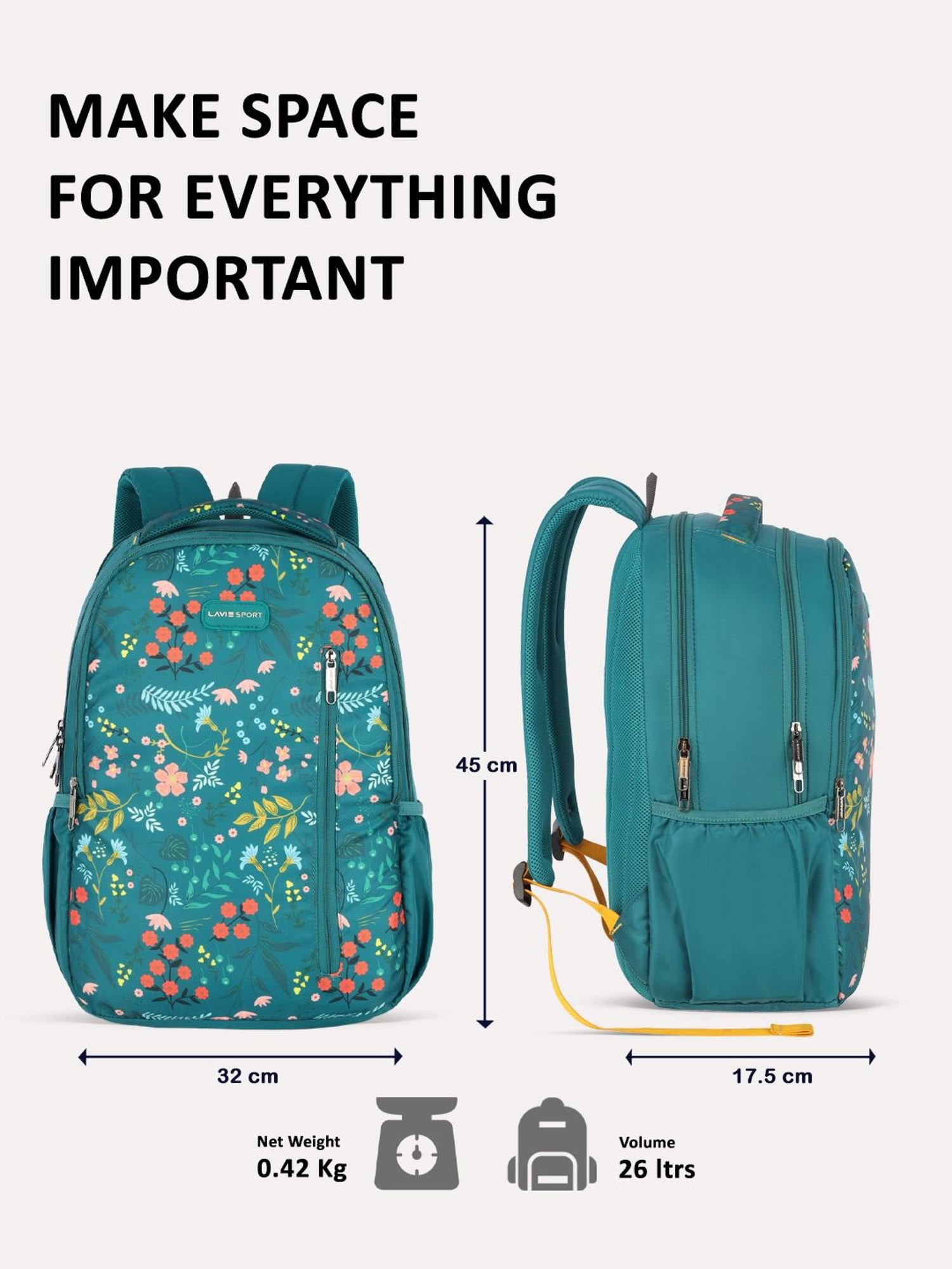Lavie Sport Radiant 26L Floral Printed School Backpack for Girls (Teal)