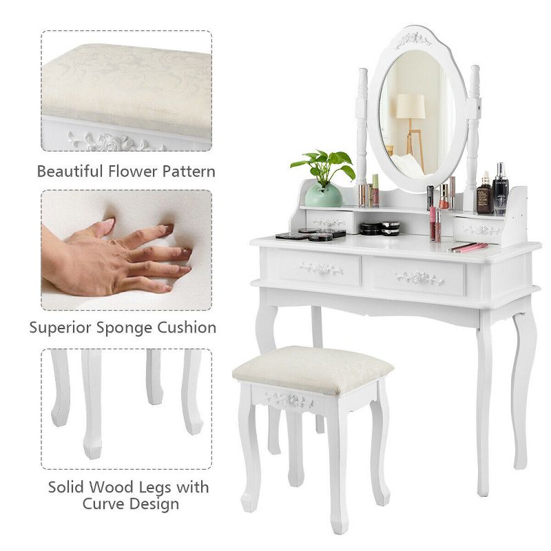 Costway White Vanity Makeup Dressing Table Jewelry Storage Stool