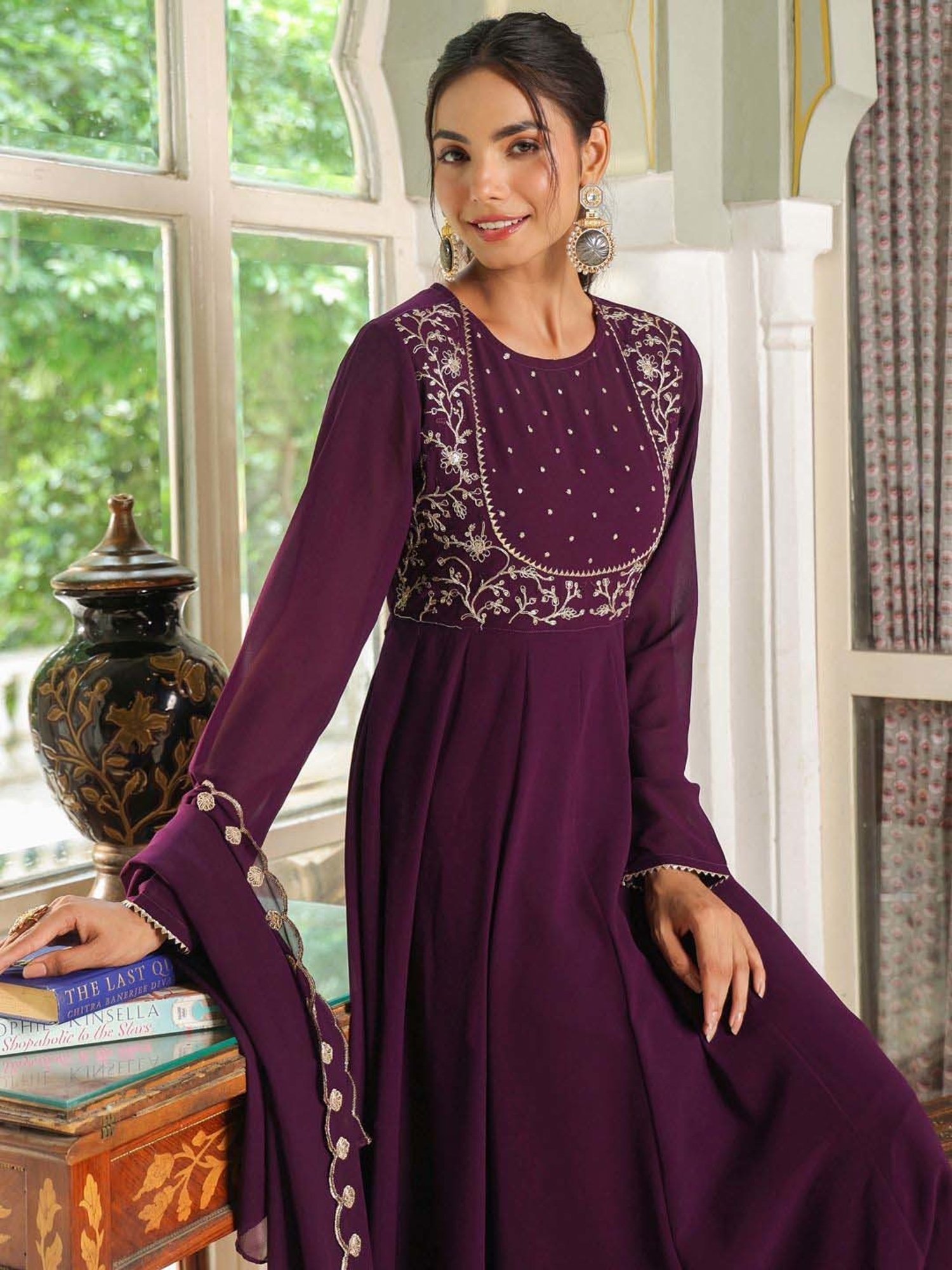 Janasya Purple Embroidered Kurta Palazzo Set With Dupatta
