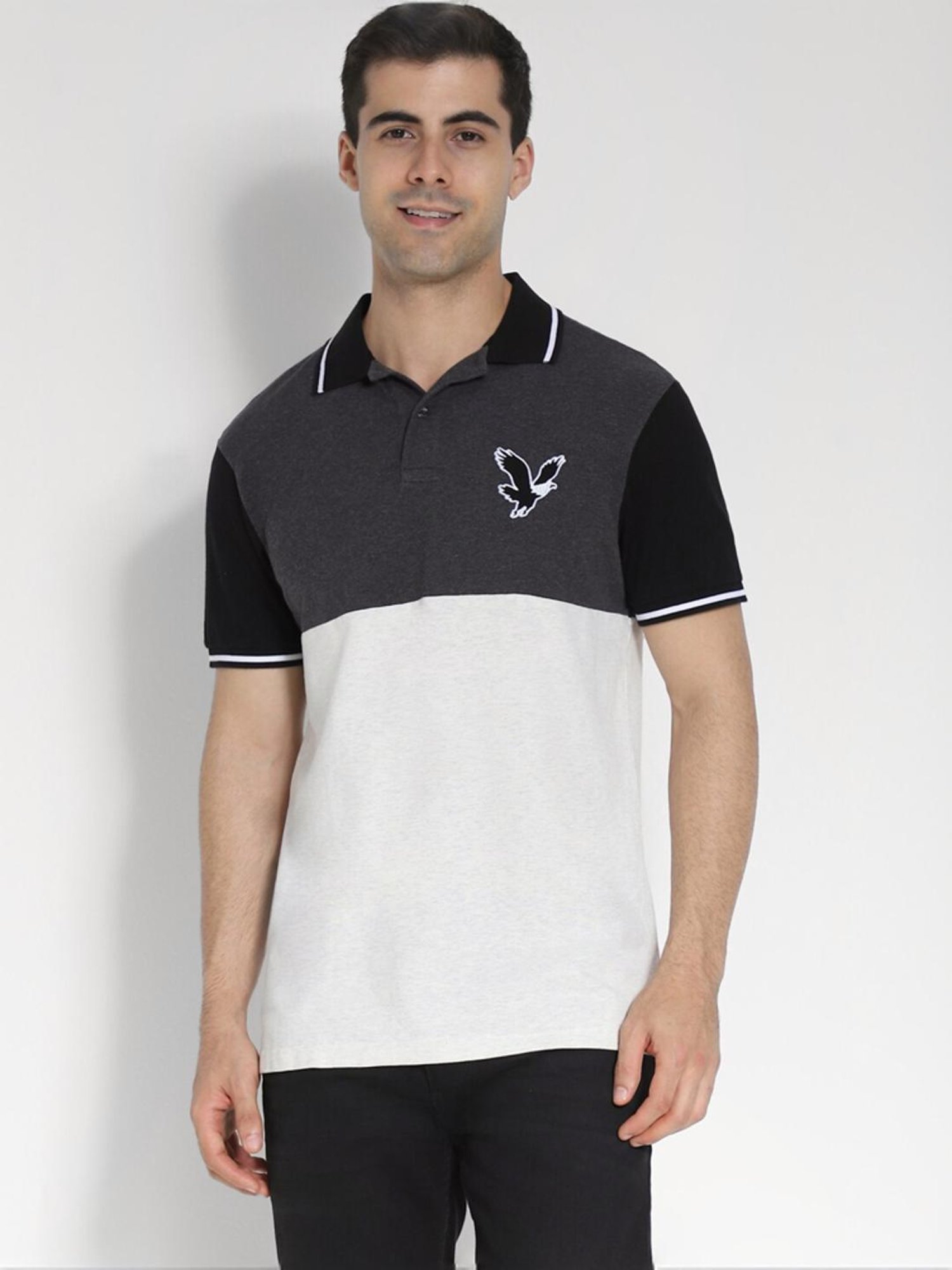 American Eagle Grey Regular Fit Colour Block Polo T-Shirt