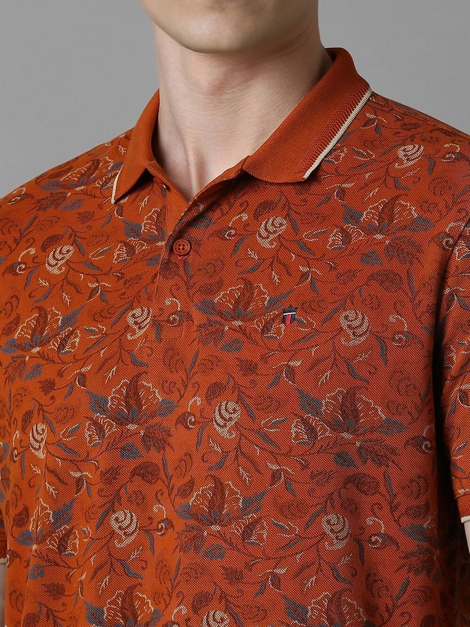 Louis Philippe Red Cotton Slim Fit Printed Polo T-Shirt