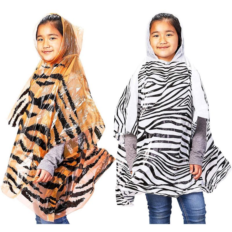 Juvale 12 Pack Kids Disposable Rain Ponchos - Emergency Waterproof Raincoat with Hood,  Zebra & Tiger Print