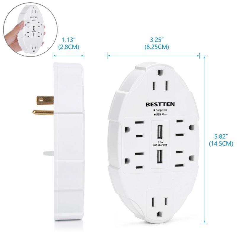 [2 Pack] BESTTEN 6-Outlet Wall Mount Surge Protector with 2 USB Charging Ports (2.4A/Port, 3.1A Shared) and 6 AC Outlets, Wall Tap Adapter Plug Splitter, ETL Certified, White