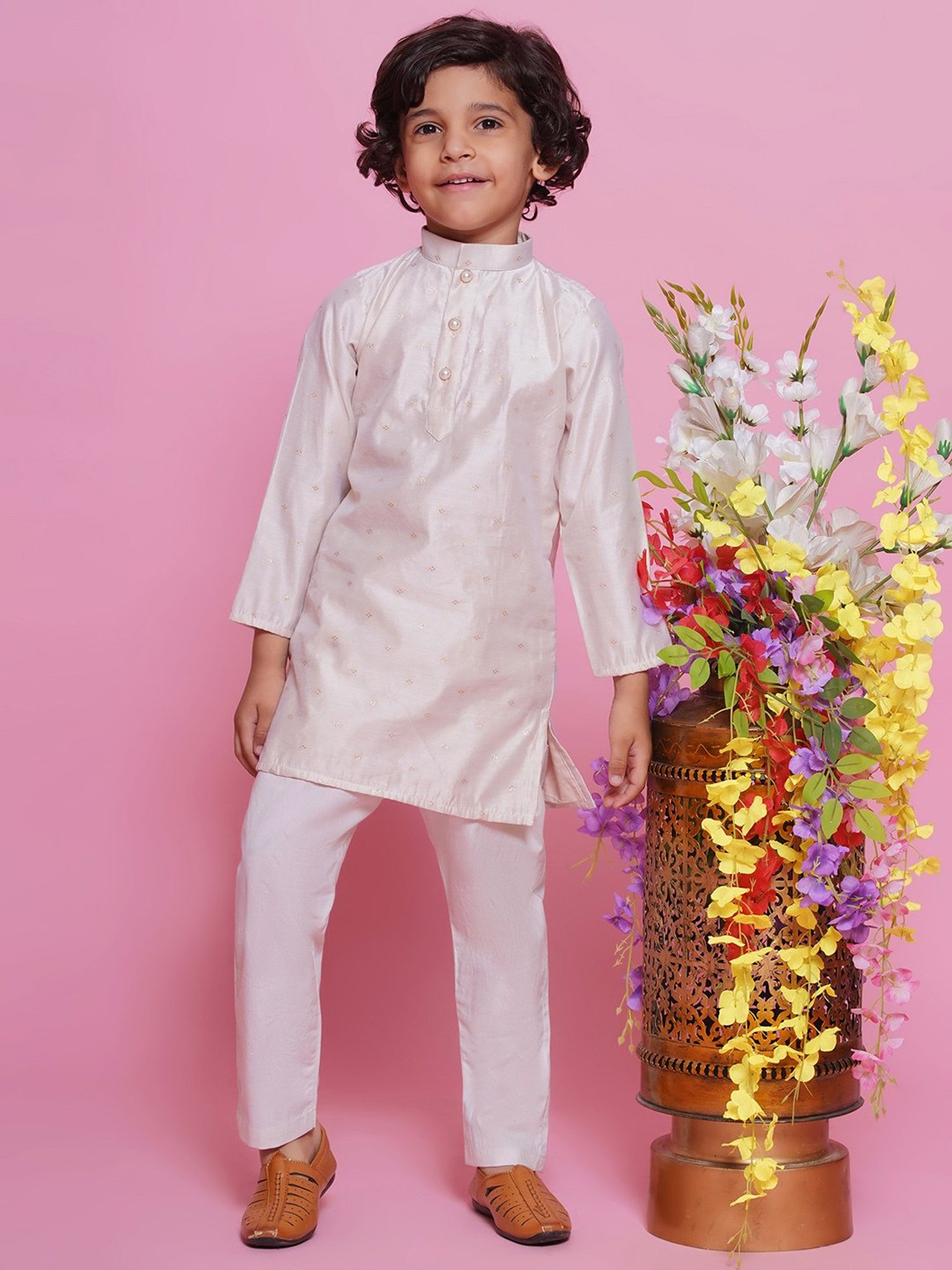 VASTRAMAY Boys Yellow & White Cotton Printed Full Sleeves Kurta Sets