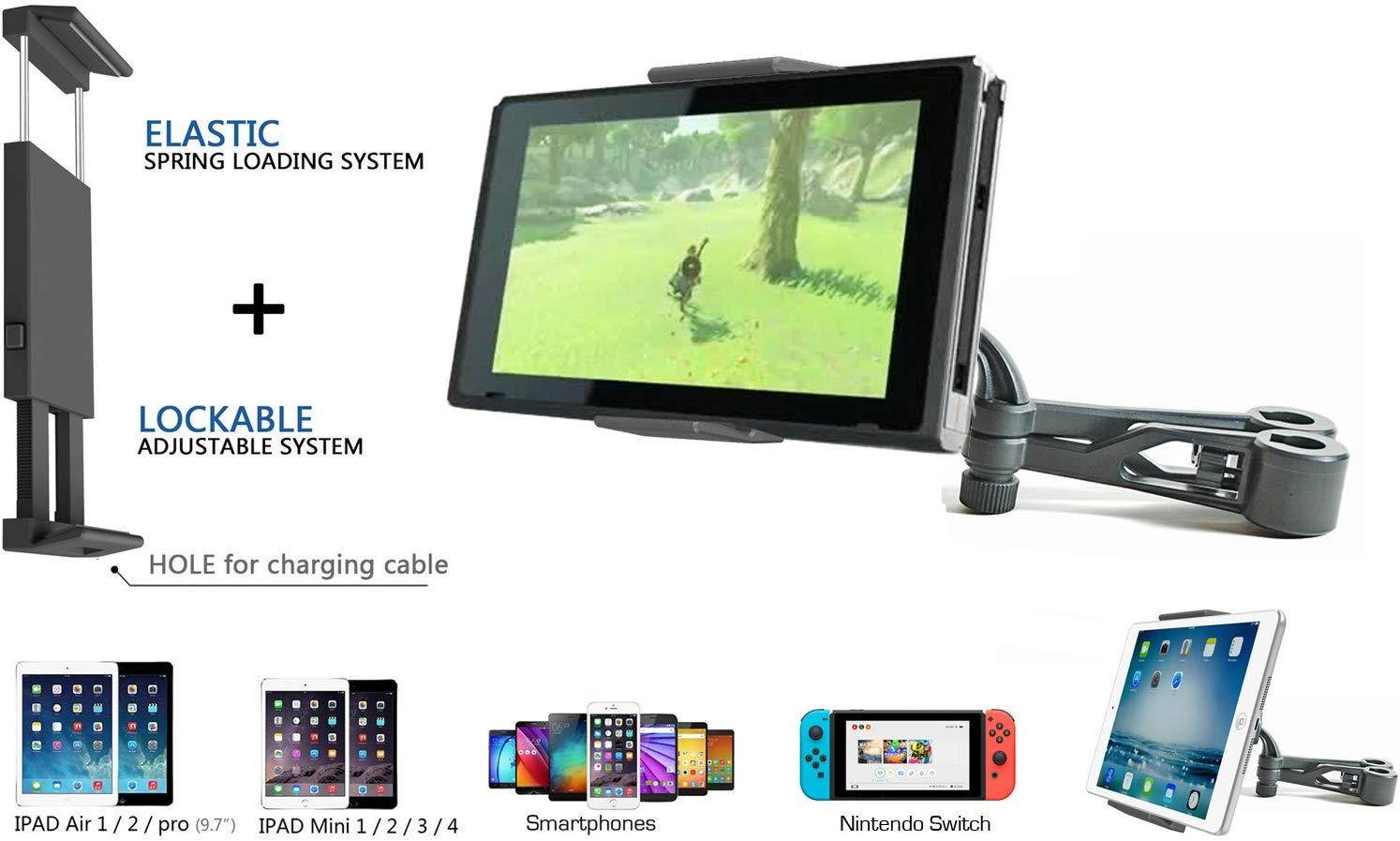 AccessoryBasics Secure Dual Post Headrest Mount for Holder for the Nintendo Switch,Tablets (iPad Mini Air, Galaxy Tab S E) Smartphone ( iPhone X 8 7 plus XR XS MAX, Samsung Galaxy S8 S9 Note)