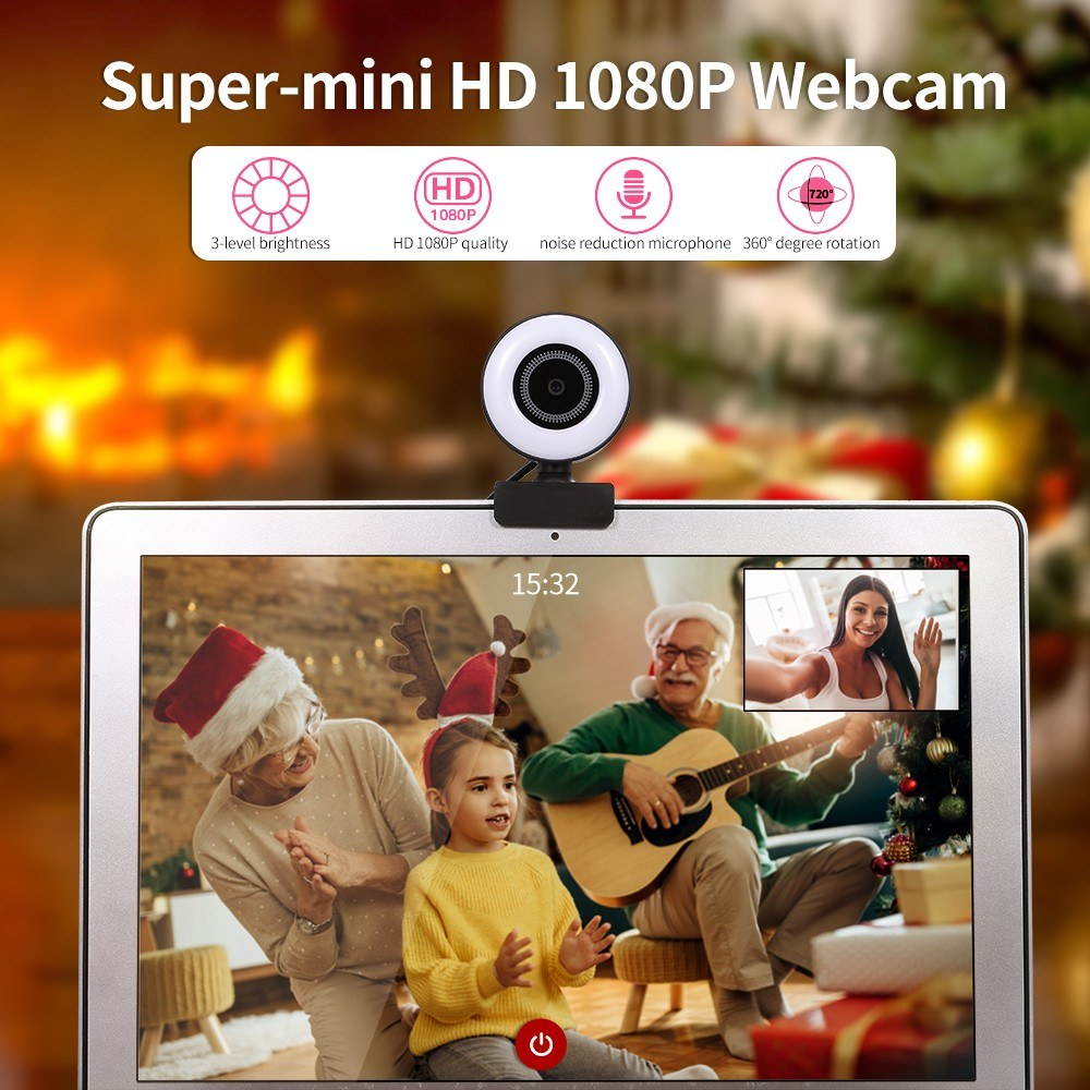 1080P HD Webcam with Ring Light Mini Autofocus Webcam Built in Microphone Webcam for Video/Live Streaming/Videoconferencing
