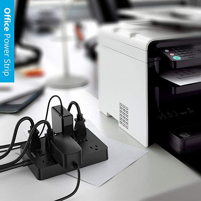 Surge Protector with USB  Power Strip Flat Plug with 10 Widely Spaced AC Outlets and 3 Charging Ports 1875W 15A 5FT 1700 Joules Wall Mount Extension Cord for Home and Office Black