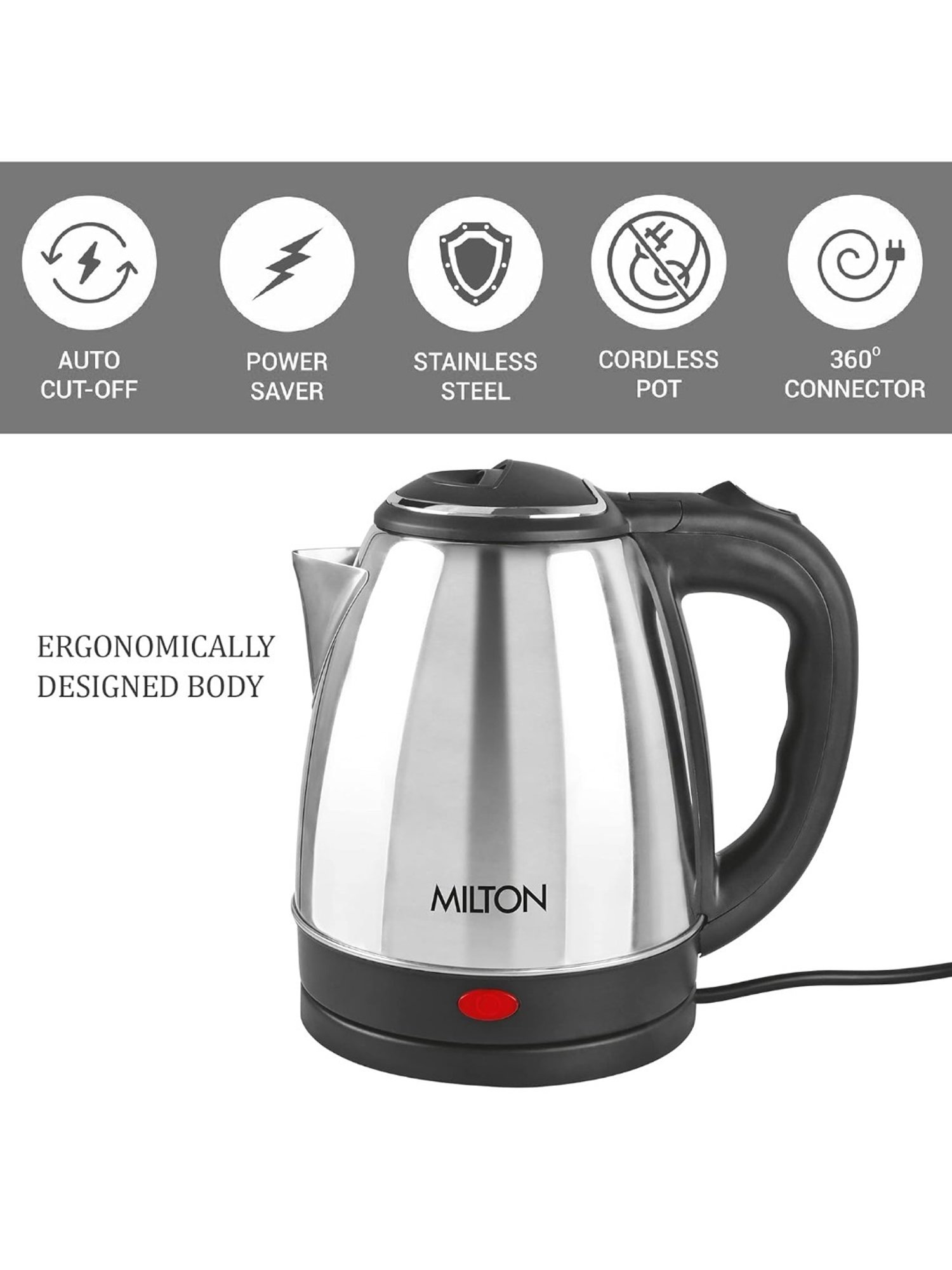 Milton Euroline Go Electro 1.2 Stainless Steel Electric Kettle 1500W with Power Indicator (Silver)