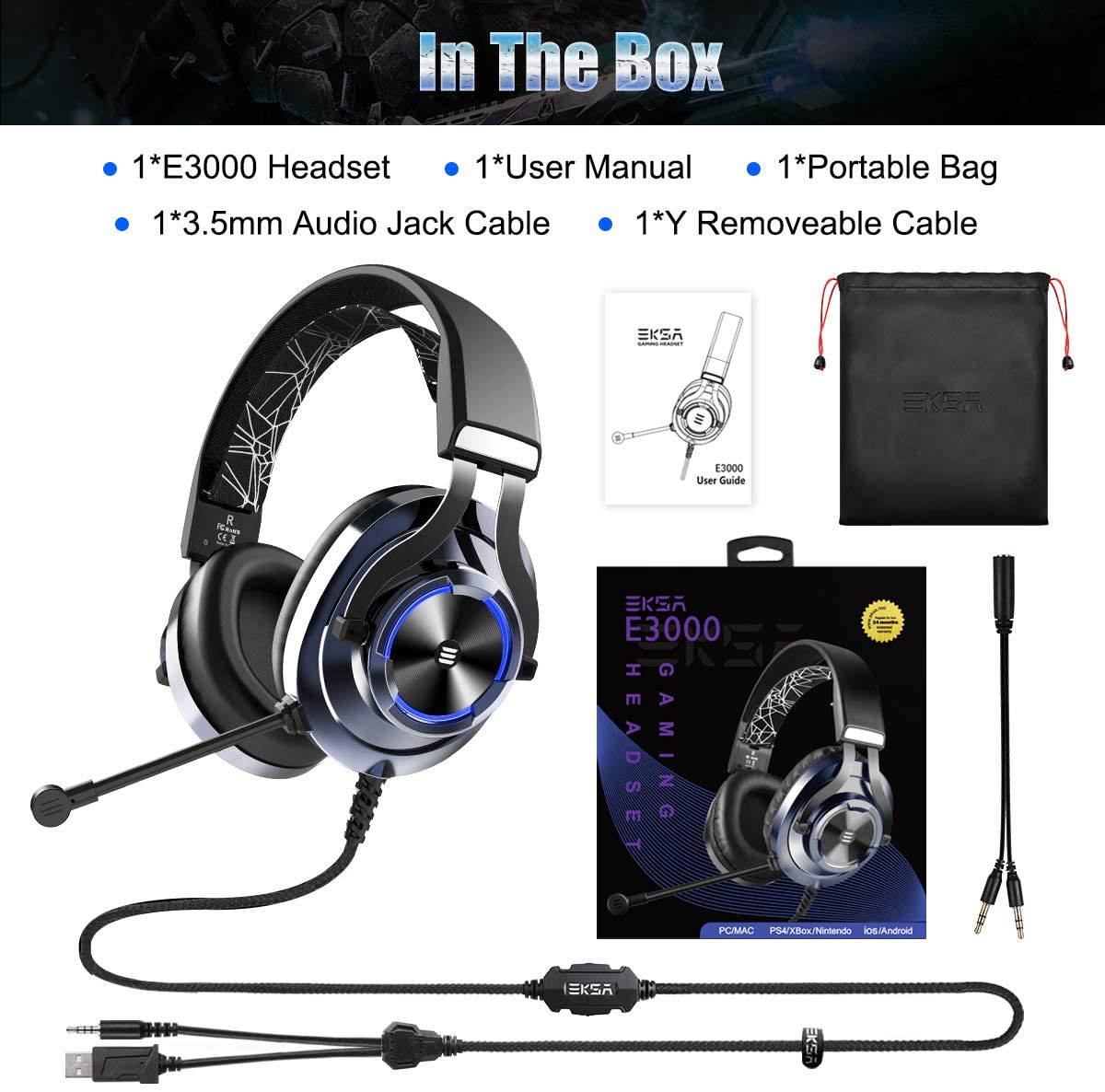 EKSA E3000 USB Gaming Headset PS4 Xbox One Headset with Noise Cancelling Mic & RGB Light - Gaming Headphones for PC, Laptop, Xbox One Controller (Adapter Not Included), PlayStation 4, Nintendo Switch