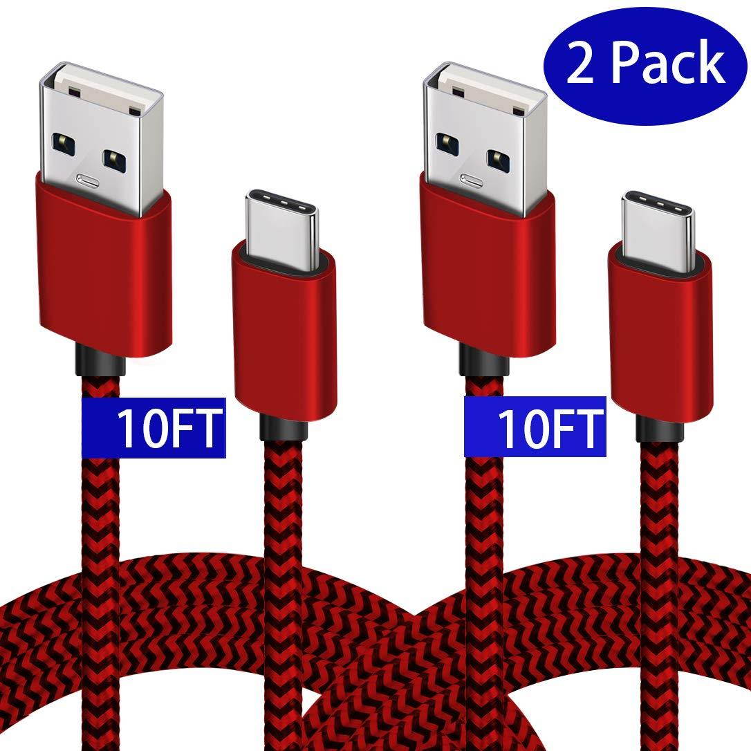USB Type C Cable,USB C to USB A Charger(2PACK,10FT),Fast Charger Nylon Braided Type C Charging Cord for Note 9 8 Samsung Galaxy S9 S8, Moto G6 Z Z2,LG V40 V30 V20 G7 G6, Nintendo Switch(Red/Black)