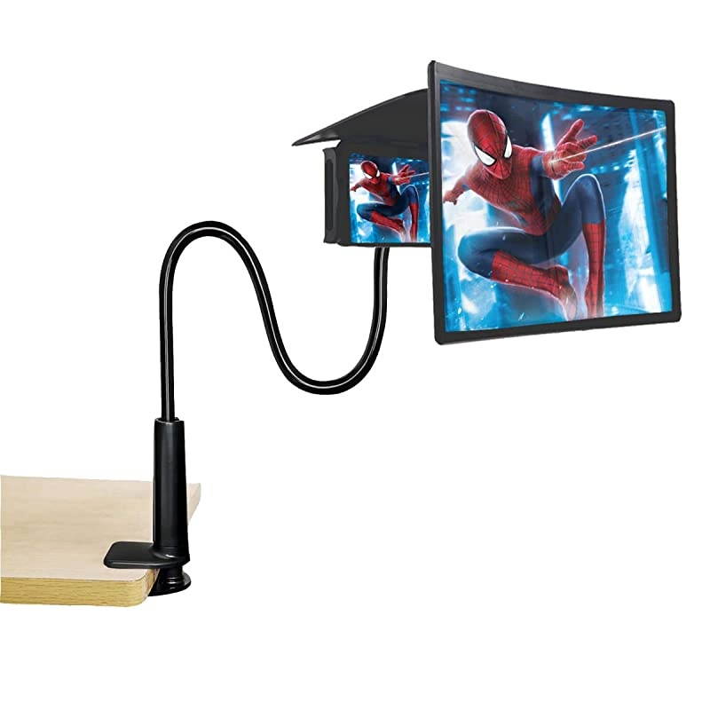 Phone Holder with 12 3D Curve Phone Screen MagnifierHD Screen Magnifier with Adjustable Clamp Lazy Phone Stand Phone Screen Amplifier Enlarger Compatible with for Smartphone Phone Black