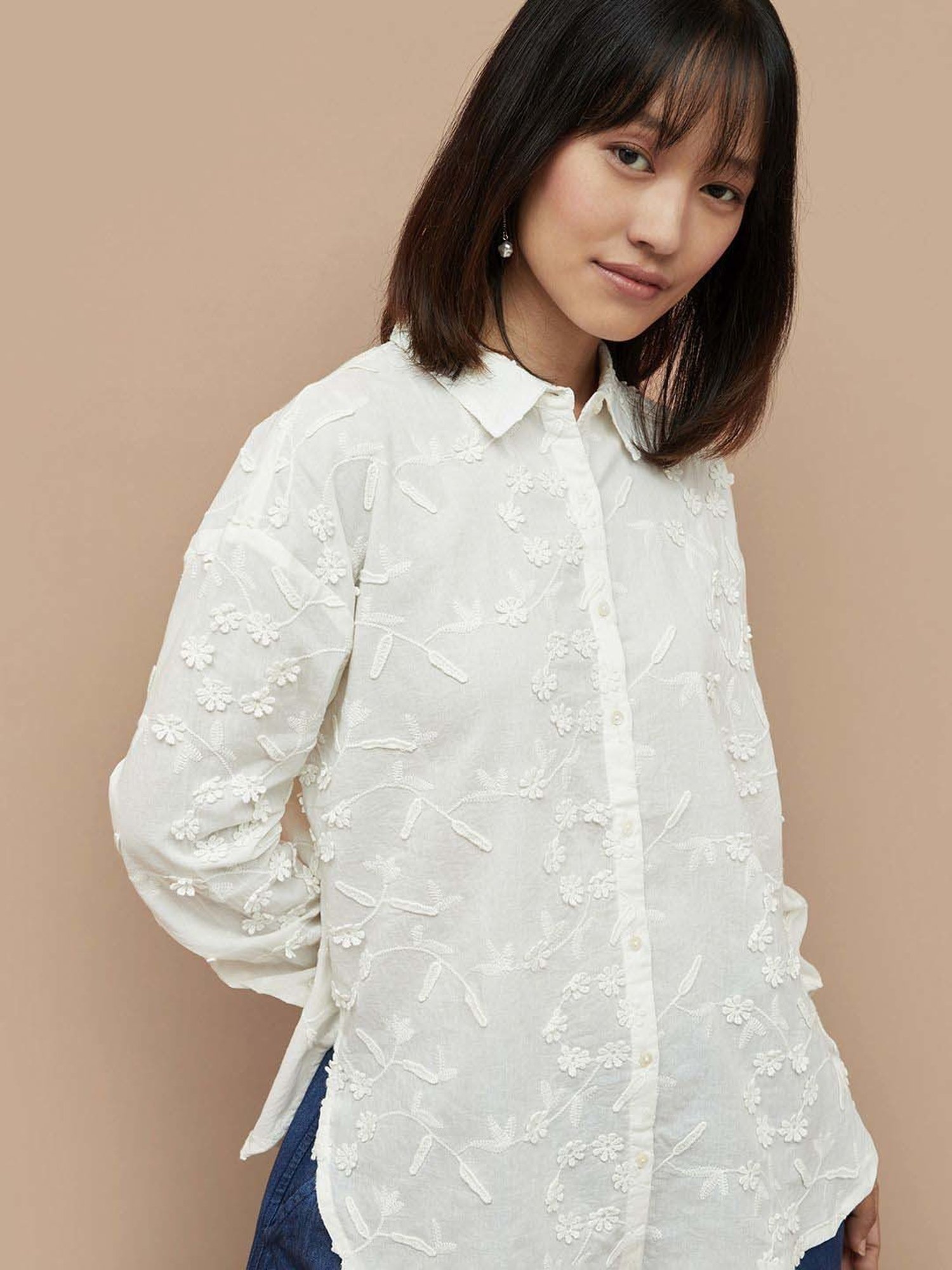Colour Me by Melange White Cotton Embroidered Shirt