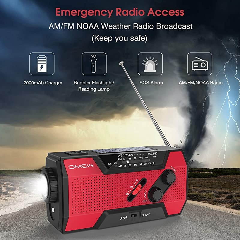 Emergency Weather Radio Portable Solar Hand Crank NOAA Weather Radio with AMFM LED Lamp 2000mAh Power Bank Phone Charger SOS Alarm and Waterproof Handheld Flashlight