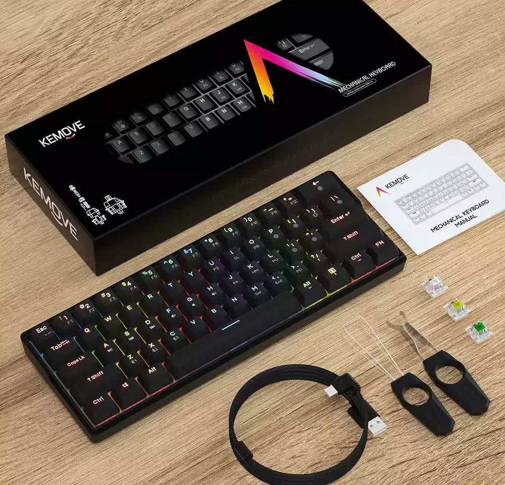 KEMOVE 61 Shadow hot swappable Bluetooth 5.1 Wireless/Wired 60% RGB Mechanical Gaming Keyboard, PBT Keycap, Full Keys Programmable for Win/Mac - Black (Gateron White Mechanical Switch)