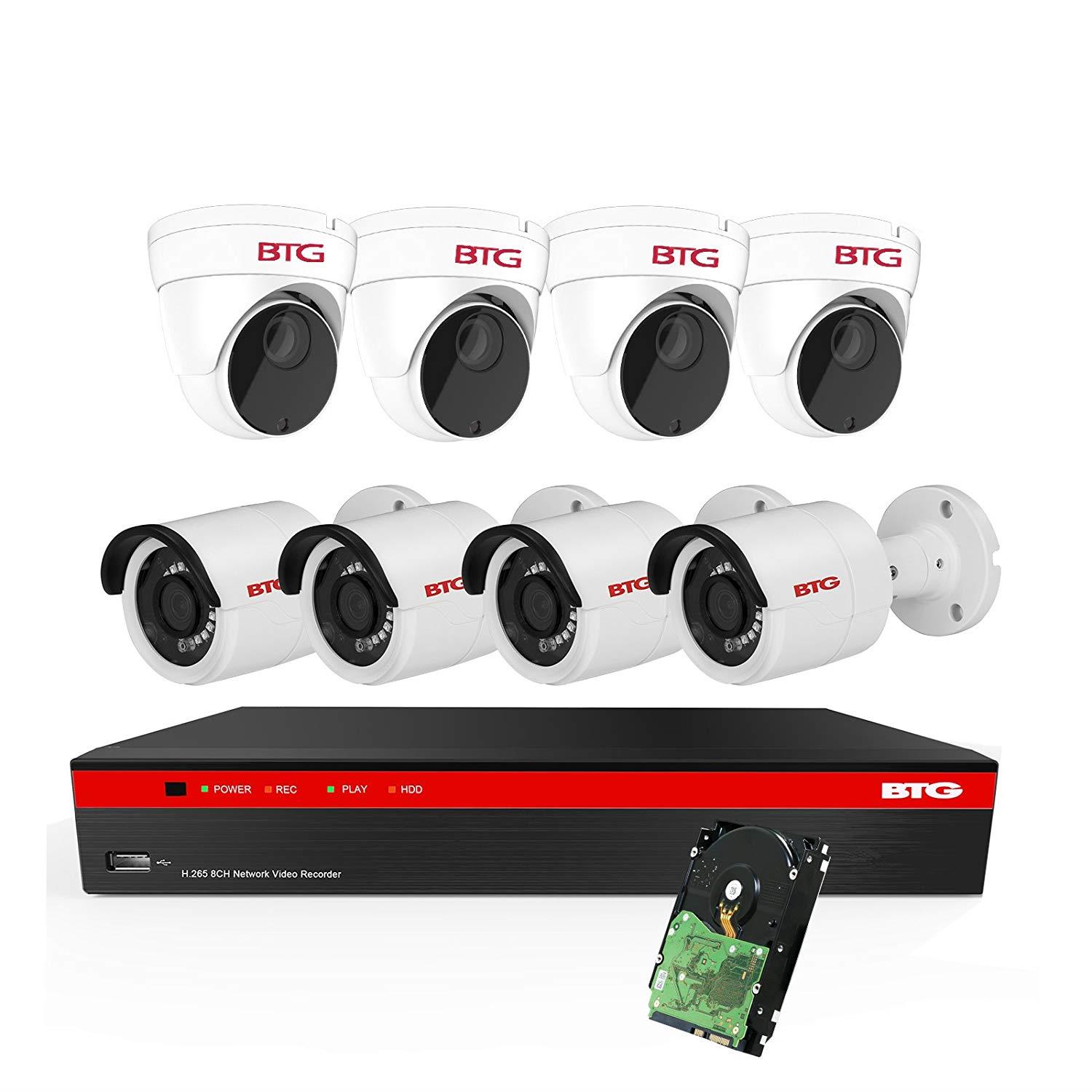 BTG 8CH 4K NVR 8 Cameras Security Camera System Built-in PoE with Outdoor 5MP Surveillance IP PoE 4 Bullet + 4 Dome Cameras HD 2592 x 1944 IR CCTV System H265 2TB HDD