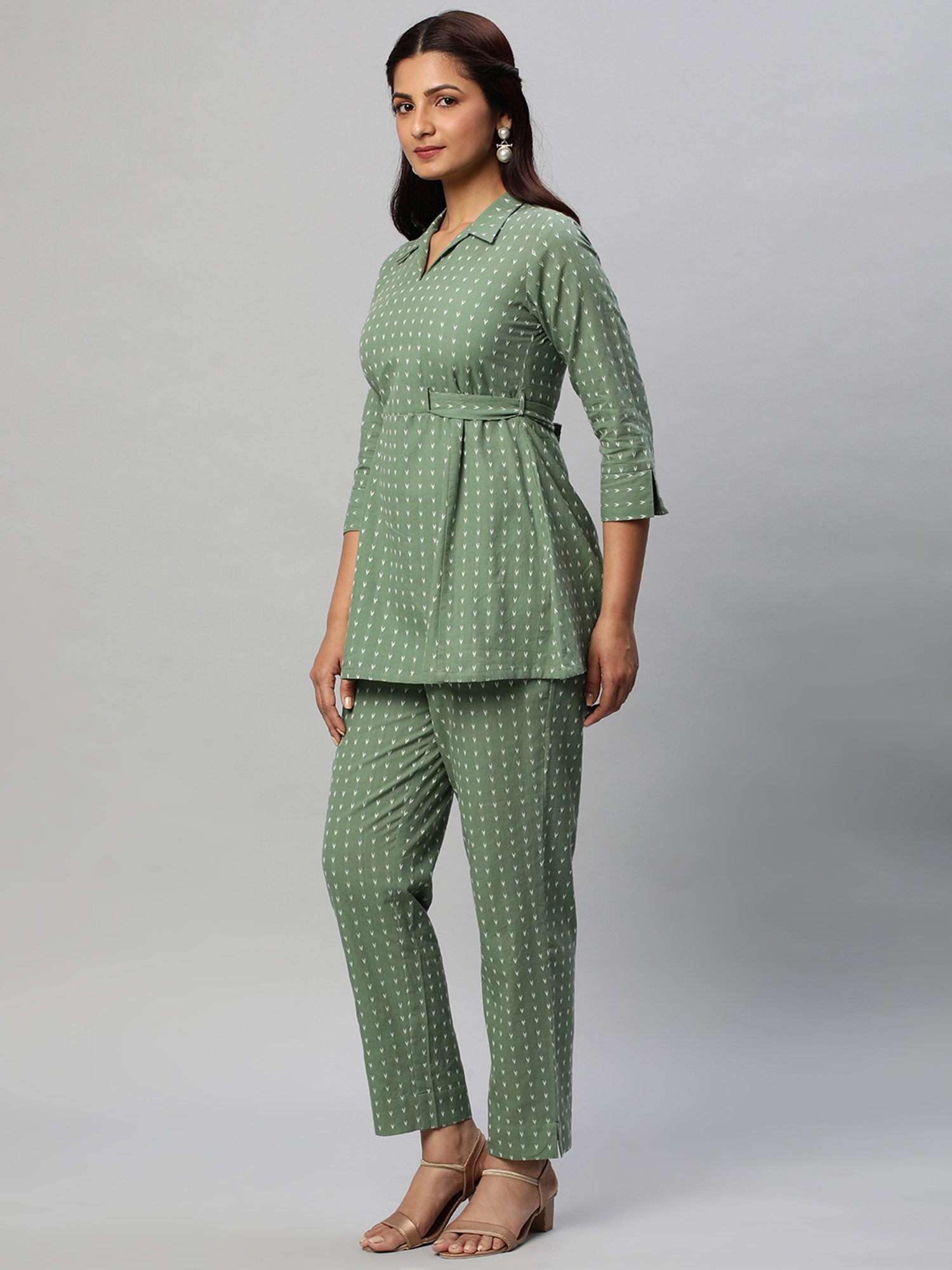 Kami Kubi Green Printed Top With Trousers & Belt