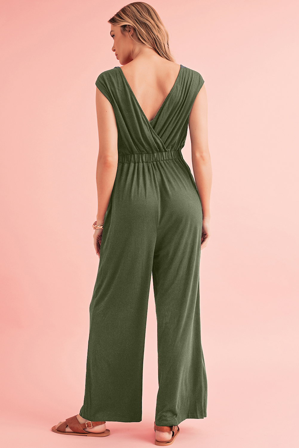 Jungle Green Deep V Pocketed Pleated Wide Leg Jumpsuit
