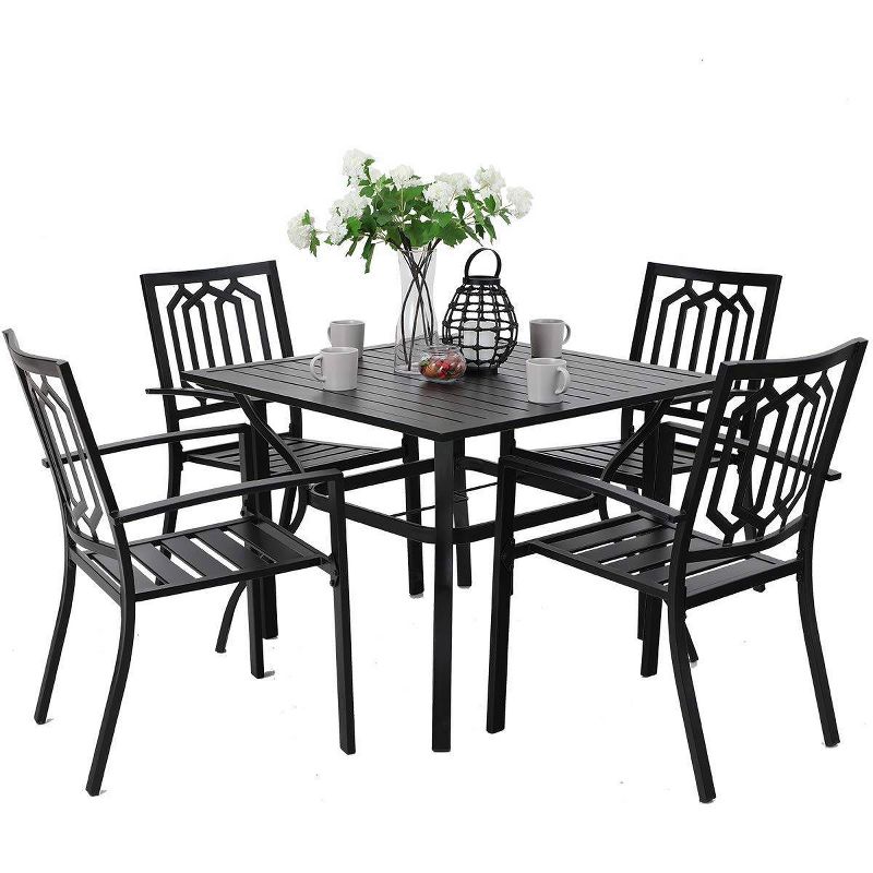 5pc Metal Indoor/Outdoor 37" Square Dining Table with Patterned Arm Chairs & 1.57" Umbrella Hole - Captiva Designs