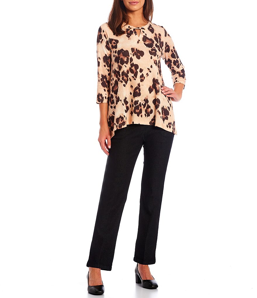 Allison Daley 3/4 Sleeve Keyhole Neck Sharkbite Hem Brushed Spot Print Top