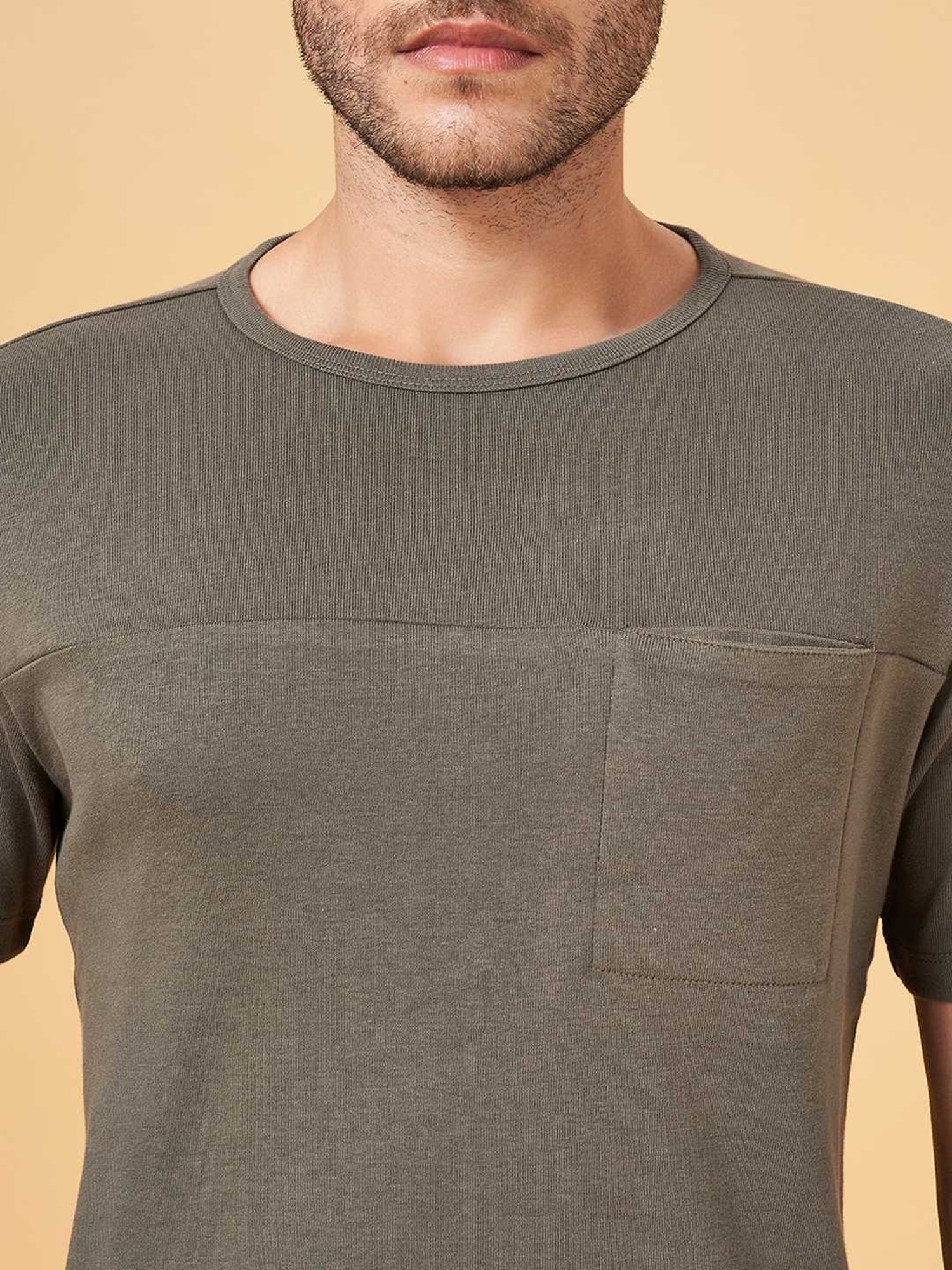 7 Alt by Pantaloons Green Cotton Slim Fit T-Shirt