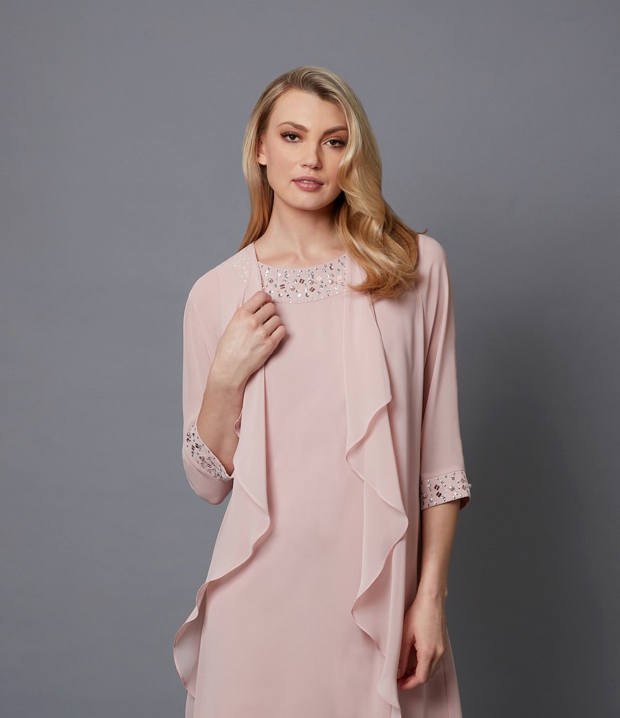 Kay Unger Long Bishop Sleeve V-Neck Crepe A-Line Dress