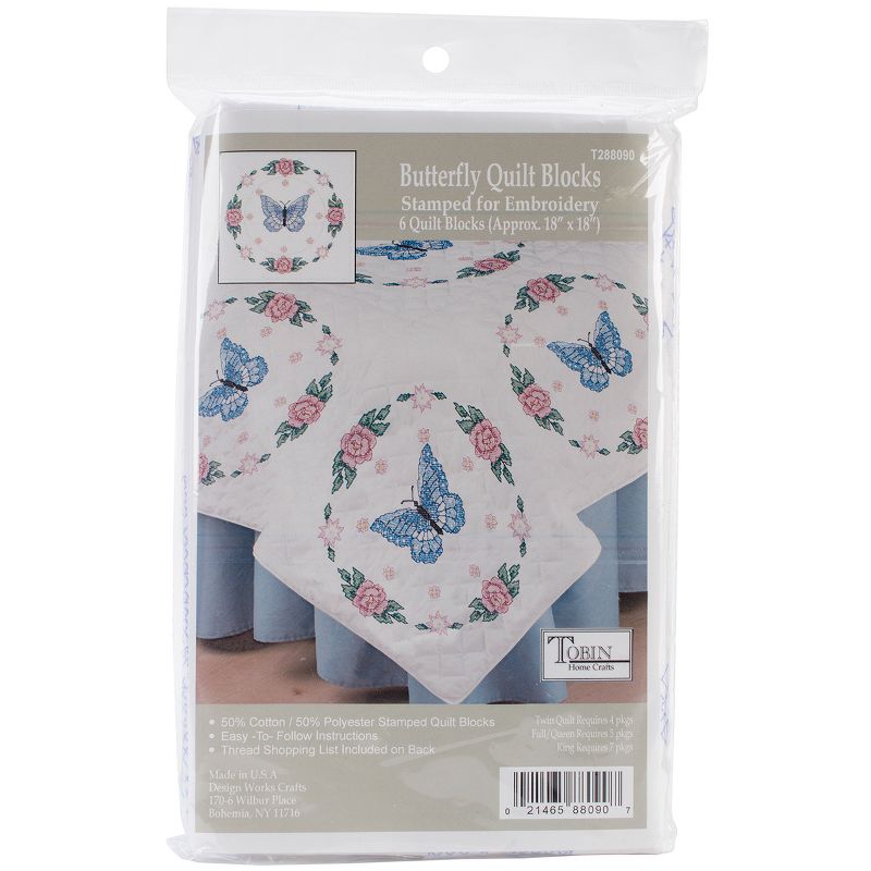 Tobin Stamped White Quilt Blocks 18"X18" 6/Pkg-Butterfly Rose