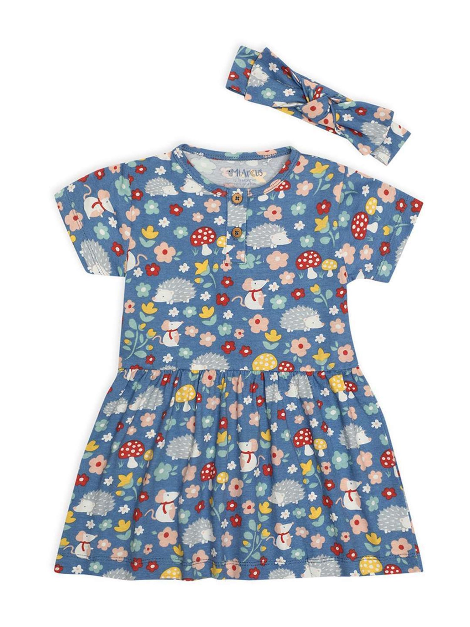 MiArcus Kids Blue Cotton Floral Print Dress with Headband