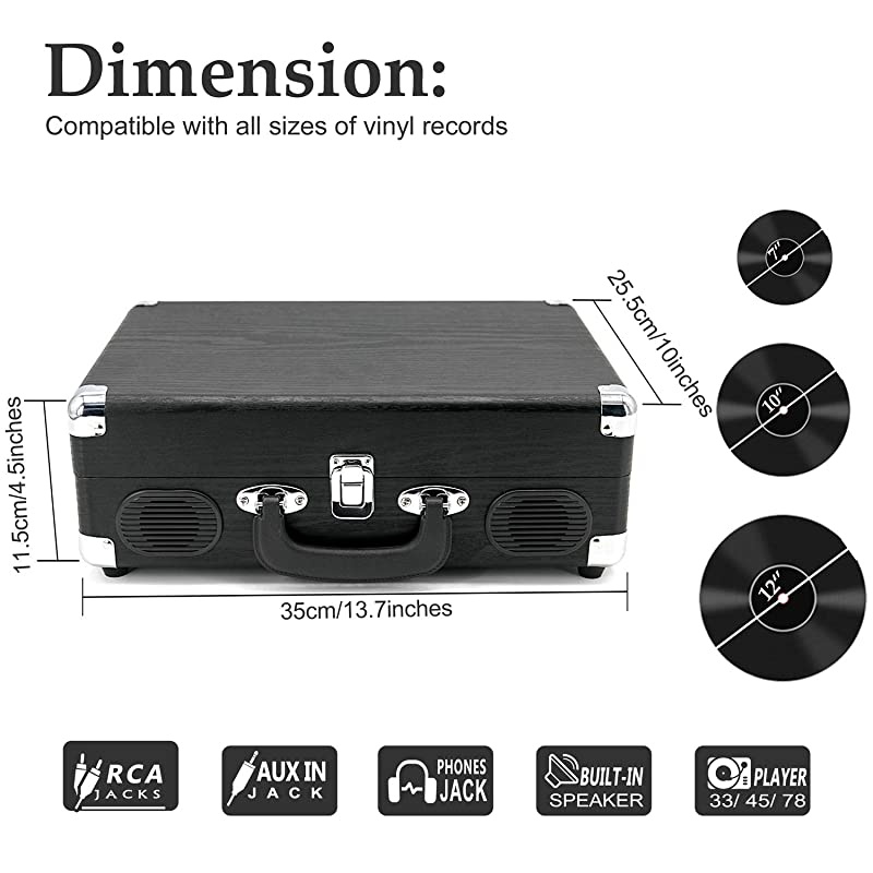 Retro Style Record Player with Builtin Speakers Classic Wooden Suitcase Turntable for 334578 RPM Vinyl RecordsBlack Wood