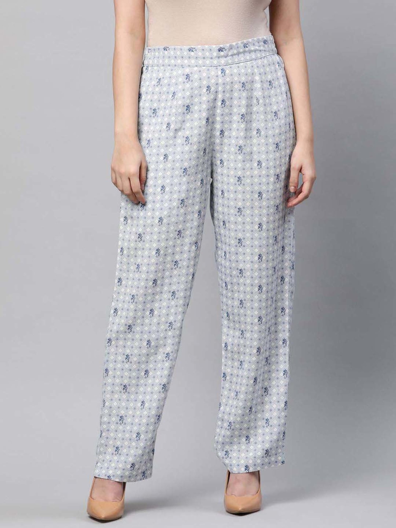 Linen Club Woman Off-White & Blue Linen Printed Pants