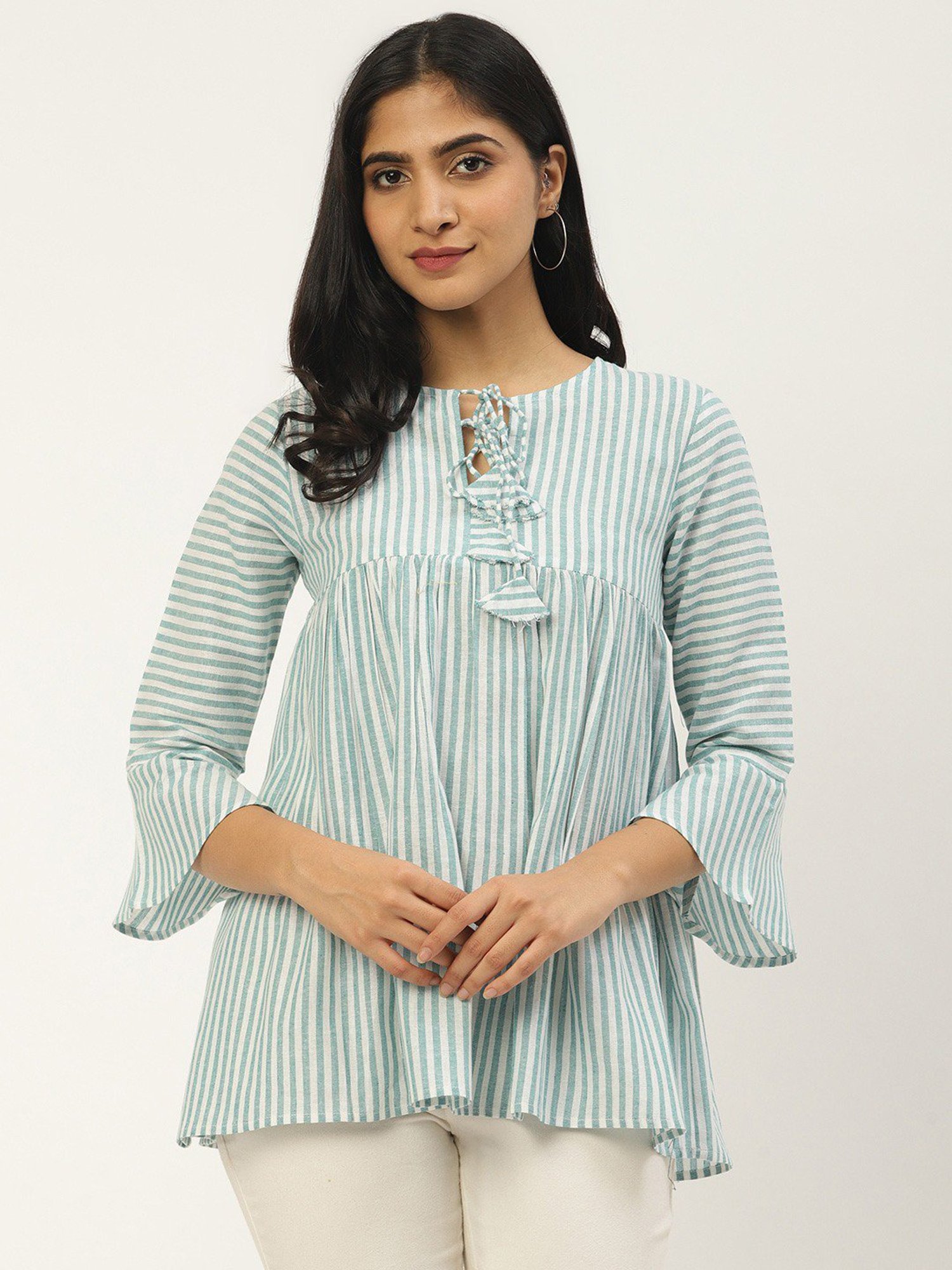 Cottinfab Turquoise Striped A-Line Cotton Top