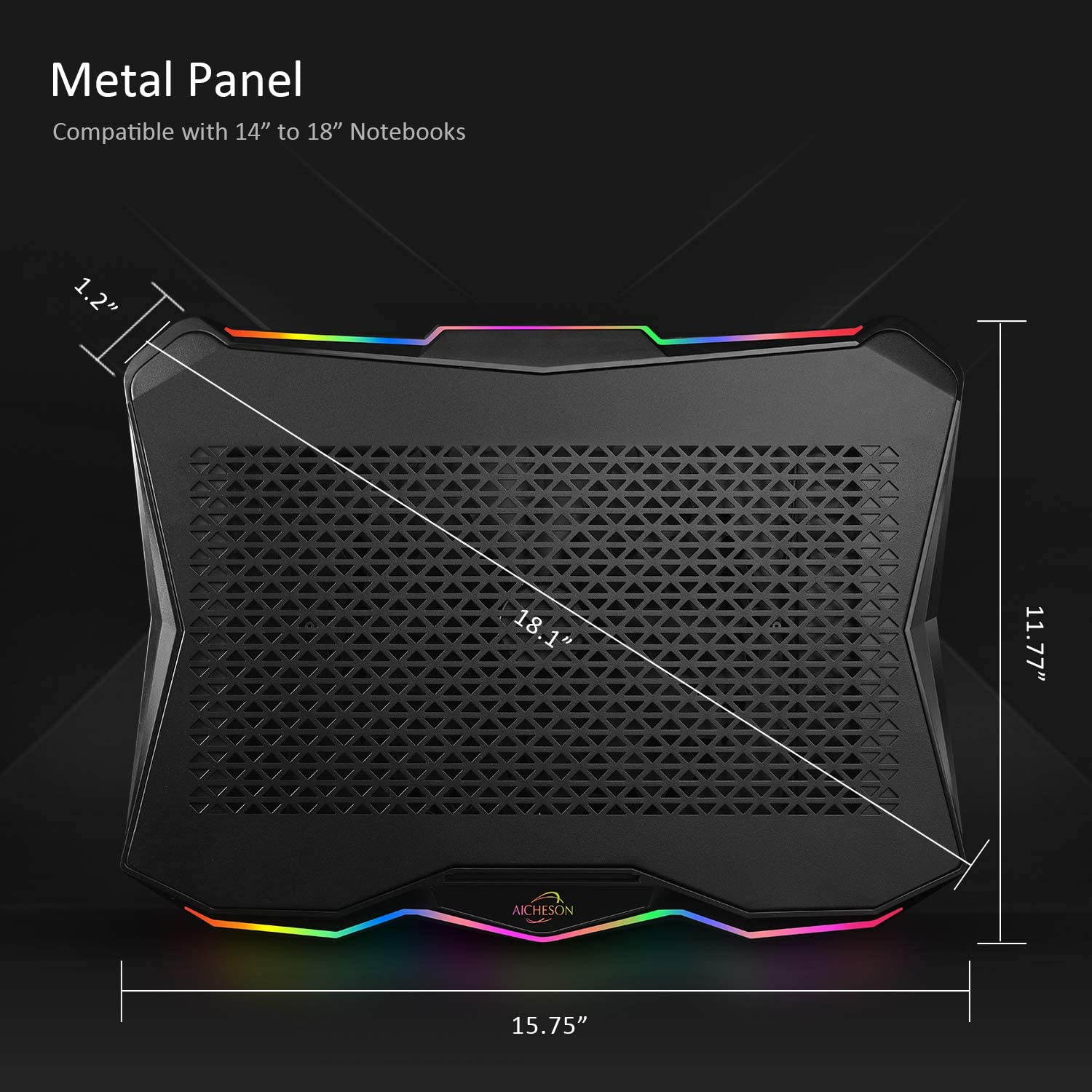Laptop Cooling Cooler Pad 15.6-17.3 Inch with Metal Panel, 1 Big Fan, Rainbow Lights, AA3
