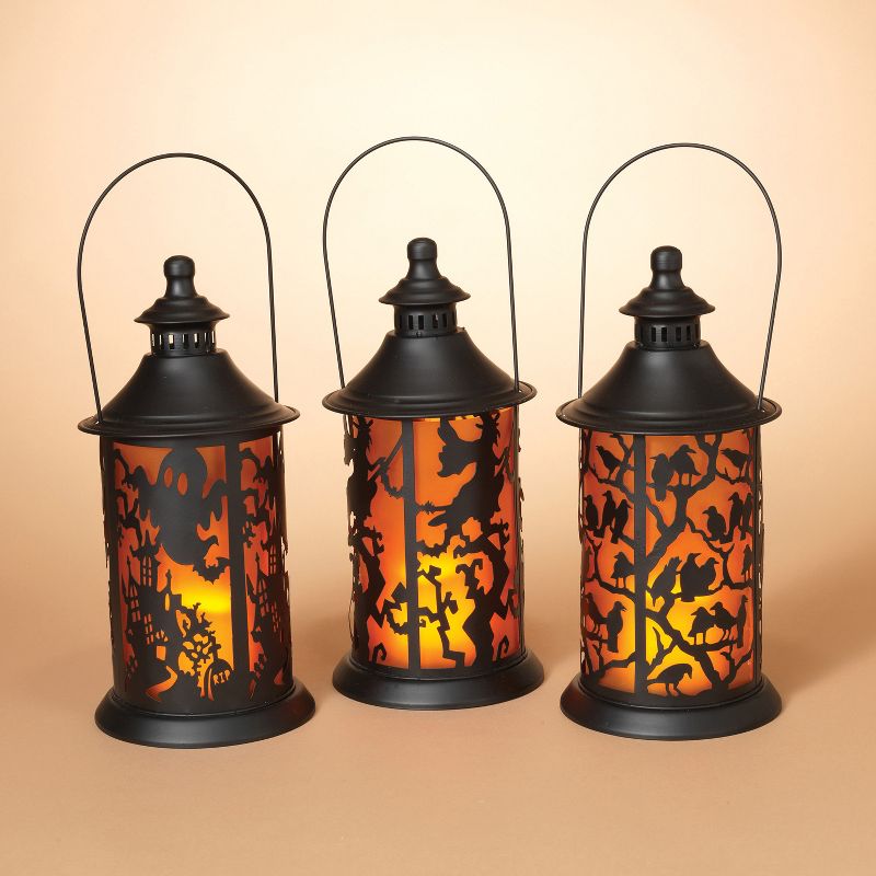Gerson International Assorted Set of 3 Battery-Operated Metal Halloween Themed Lanterns with LED Candle.
