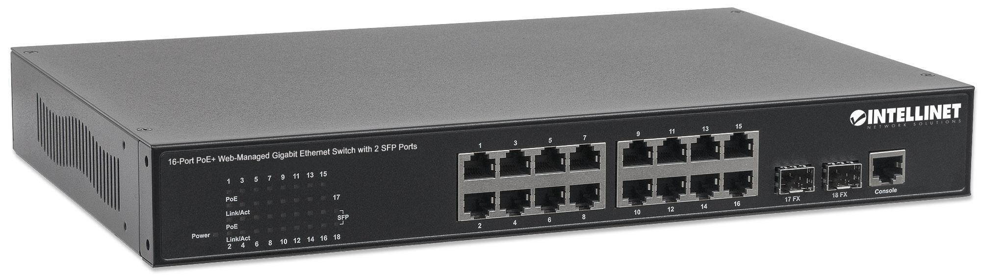 Intellinet 16-Port PoE+ Web-Managed Gigabit Ethernet Switch with 2 SFP Ports