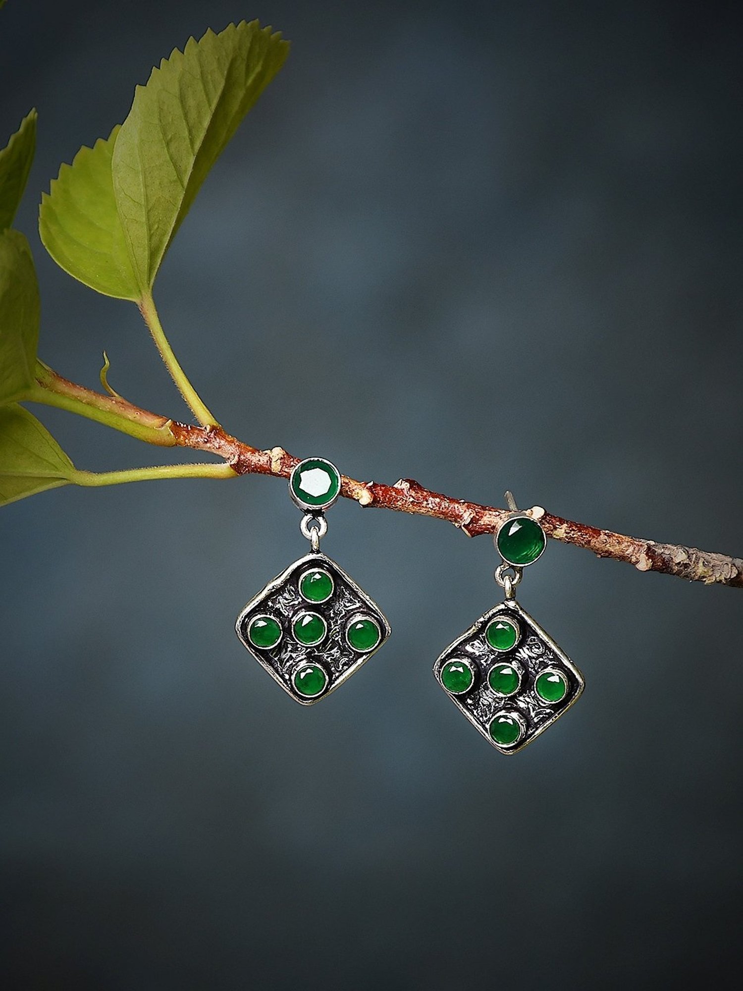 Imli Street Green Silver Tone Stone-Studded Handcrafted Dangler Earrings