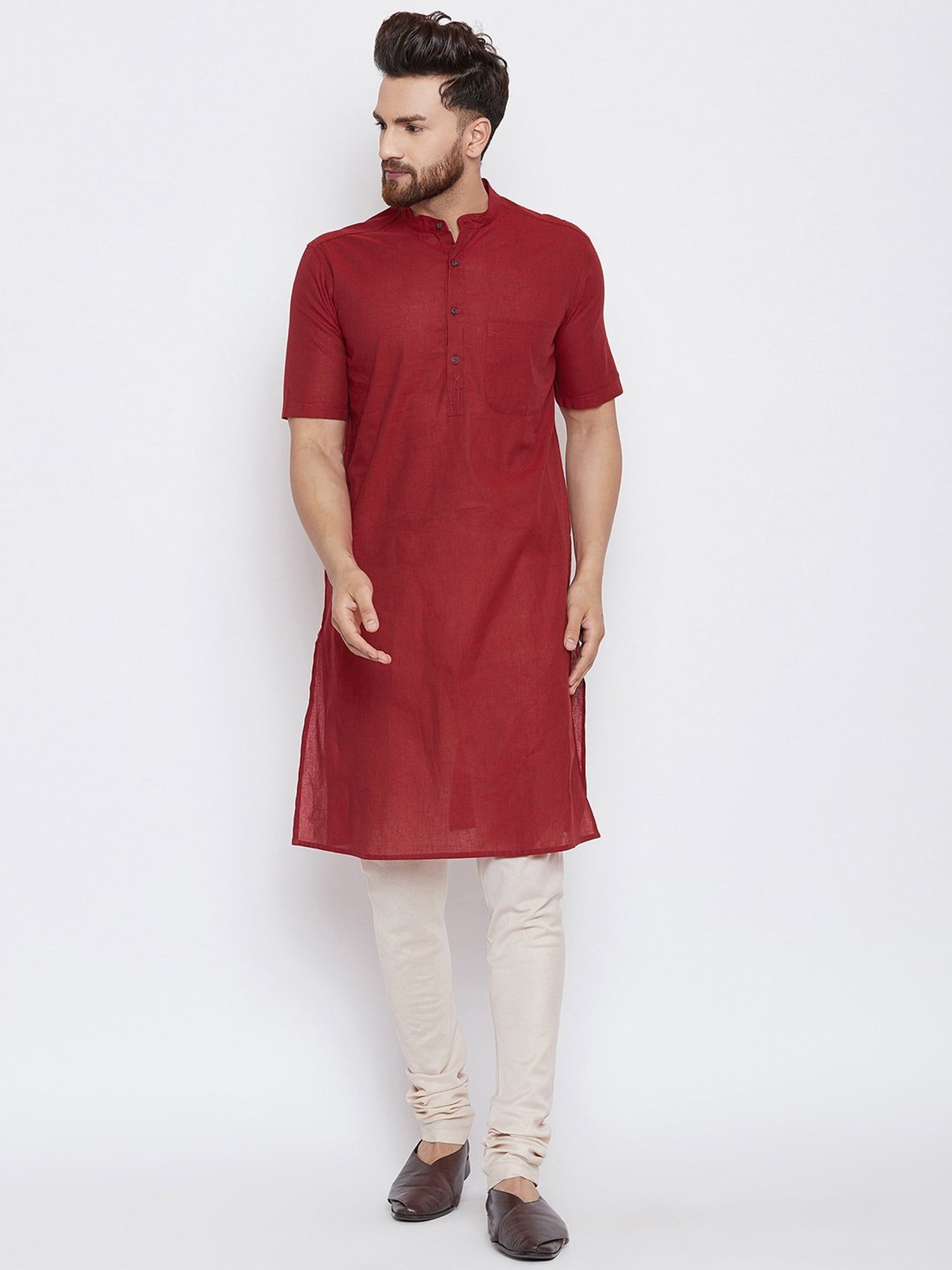Even Maroon Mandarin Collar Kurta