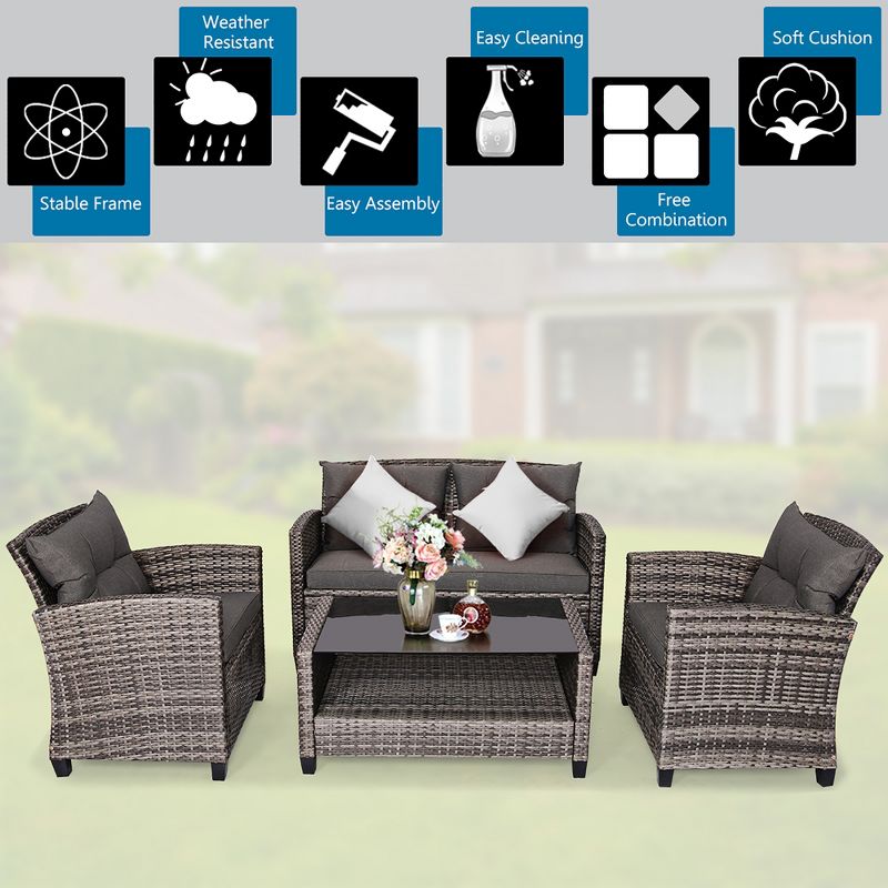 Costway 4PCS Patio Rattan Furniture Set Coffee Table Cushioned Sofa Garden Lawn Gray