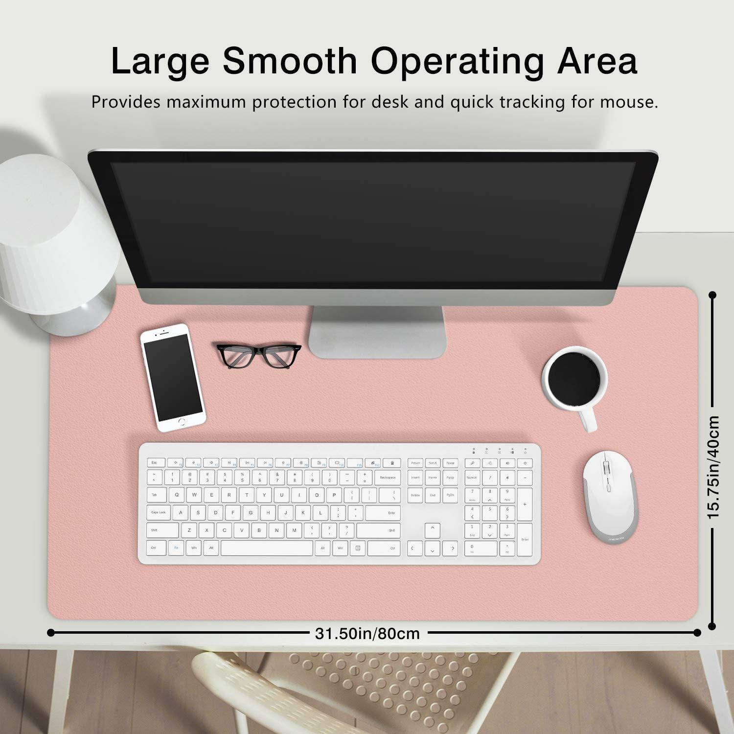 MoKo Computer Desk Mat - PU Large Extended Gaming Mouse Pad, Non-Slip Keyboard Mouse Mat, Waterproof Office Writing Desk Pad Protector, 31.5 x 15.7 x 0.08 Inch - Double Side Light Pink/Silvery Gray