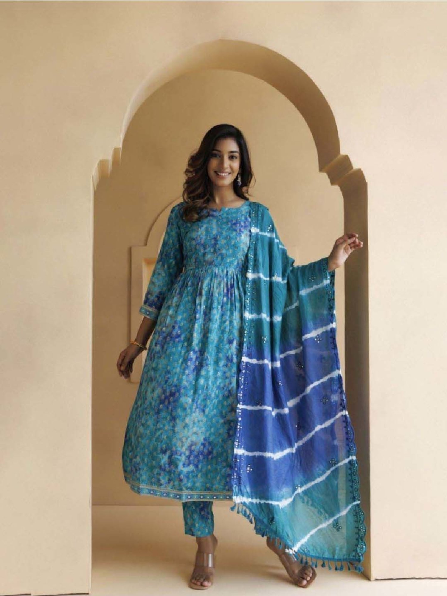 Geroo Jaipur Blue Shaded Cotton-Rayon Embroidered Kurta and Pant with Silk Dupatta