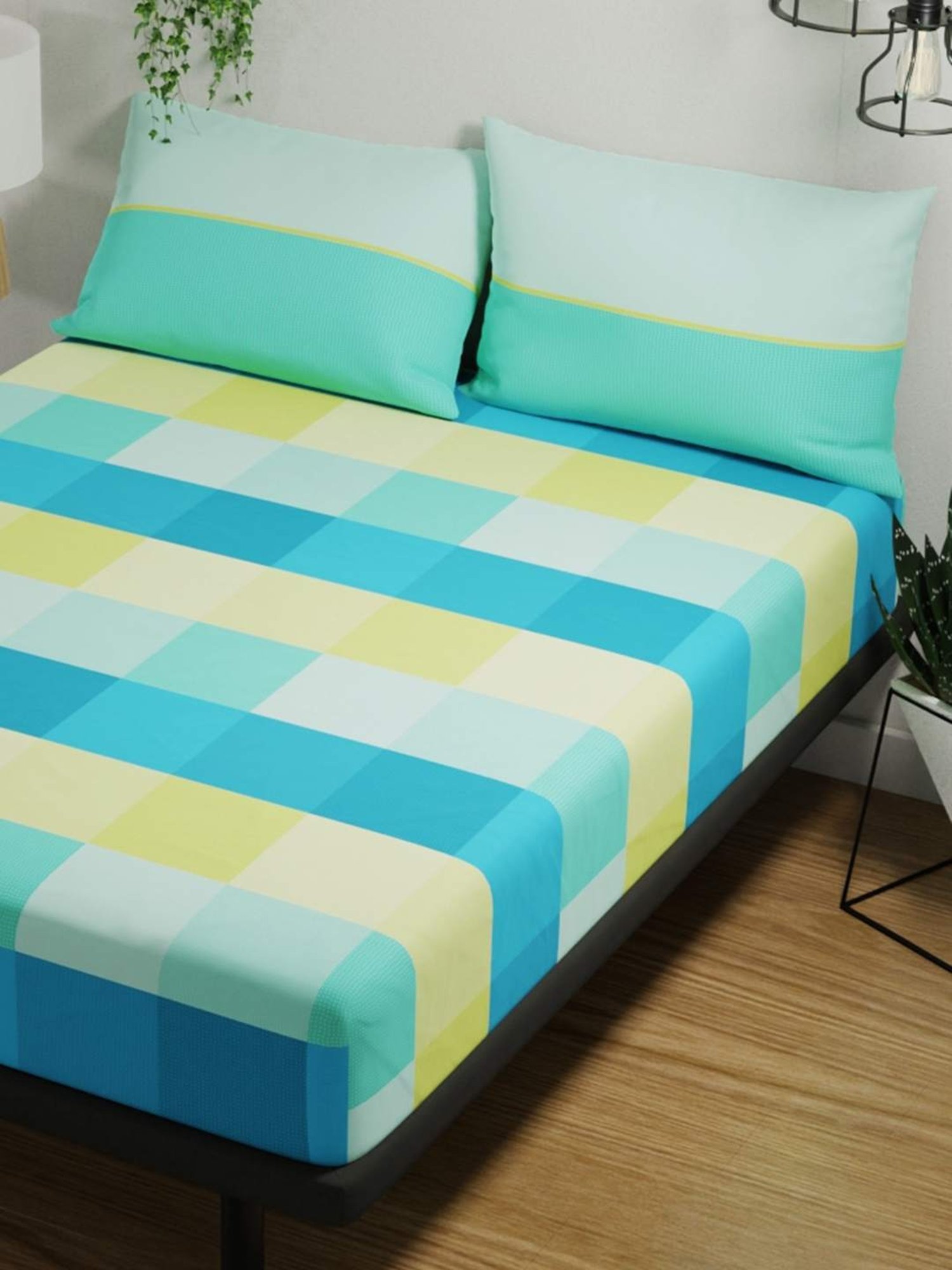 Bianca PLATINUM Checks Teal 144 TC Cotton Double Bedsheet with 2 Pillow Covers