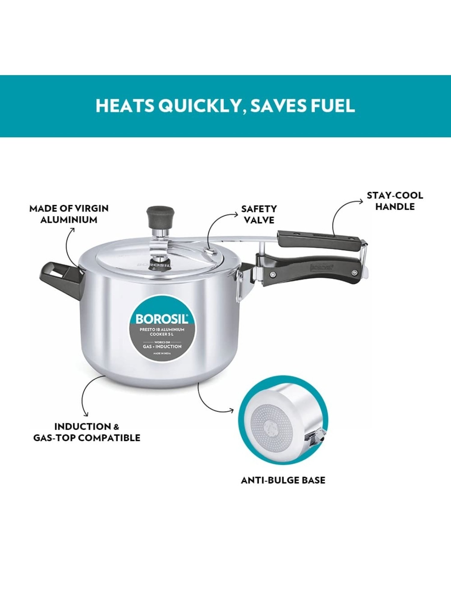 Borosil Silver Aluminium Pressure Cooker (5 L)