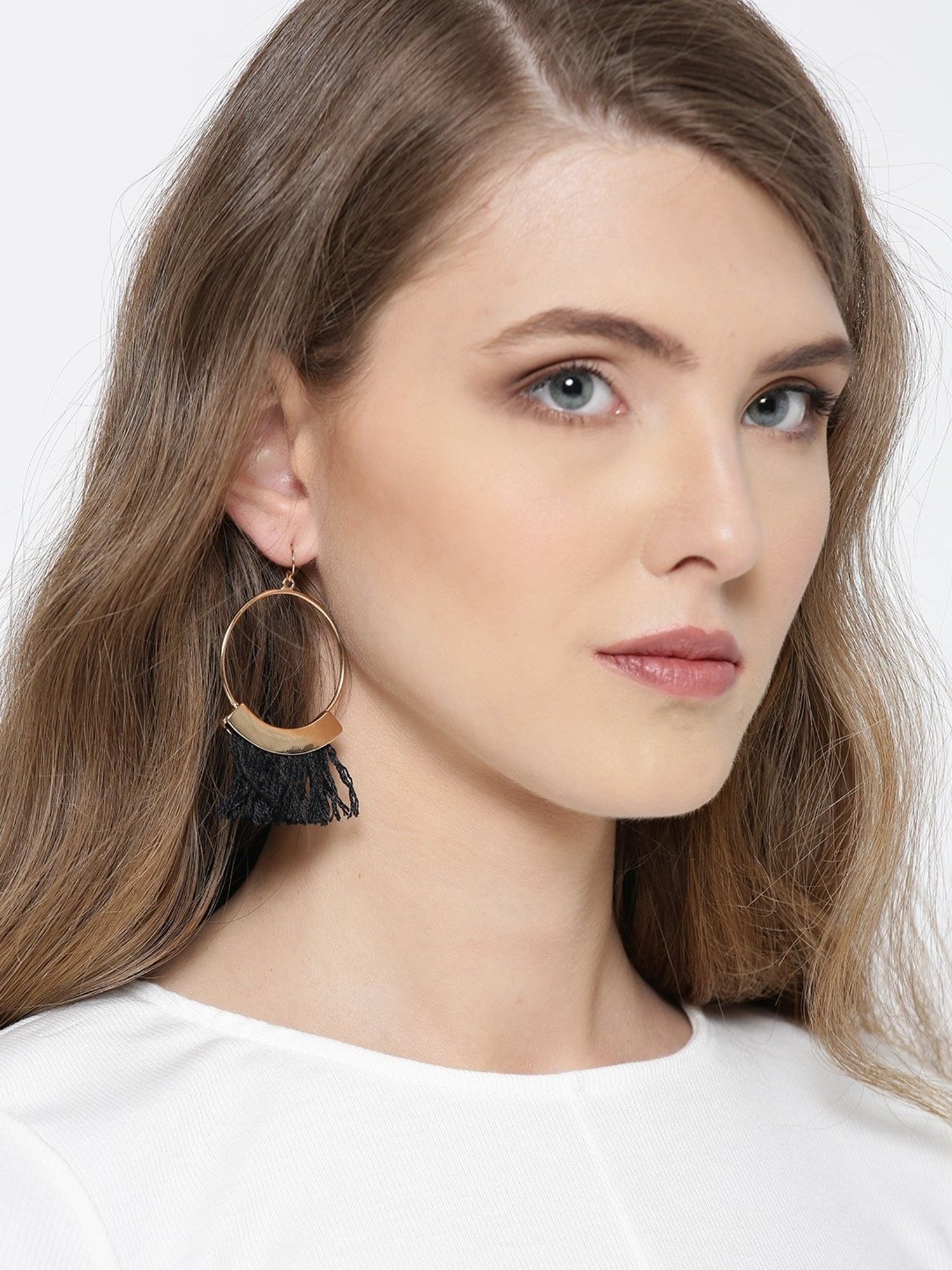 Oomph Black Tassel Ring Fashion Dangler Earrings