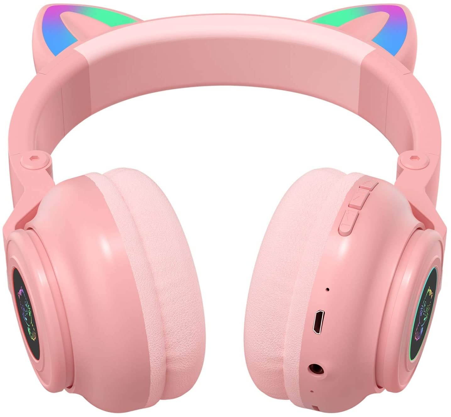 Cat Ear Headphones Bluetooth 5.0 Pink Stereo Gaming Headset with MIC, Foldable Wireless Noise Cancelling Headphone, Fashion Luminous Headset for Kids & Adults (Pink)
