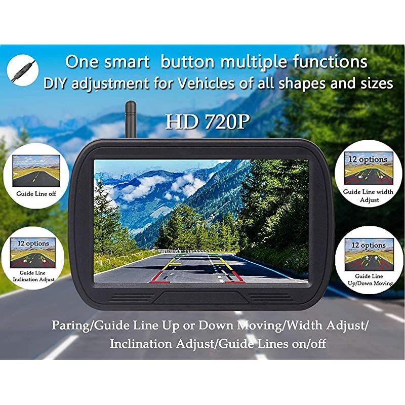 Y25 HD Wireless Backup Camera System 5 Inch Monitor Kit Digial Signals Hitch RearFront View Observation System for TrucksVansCampersCars Guide Lines DIY Settings Night Vision