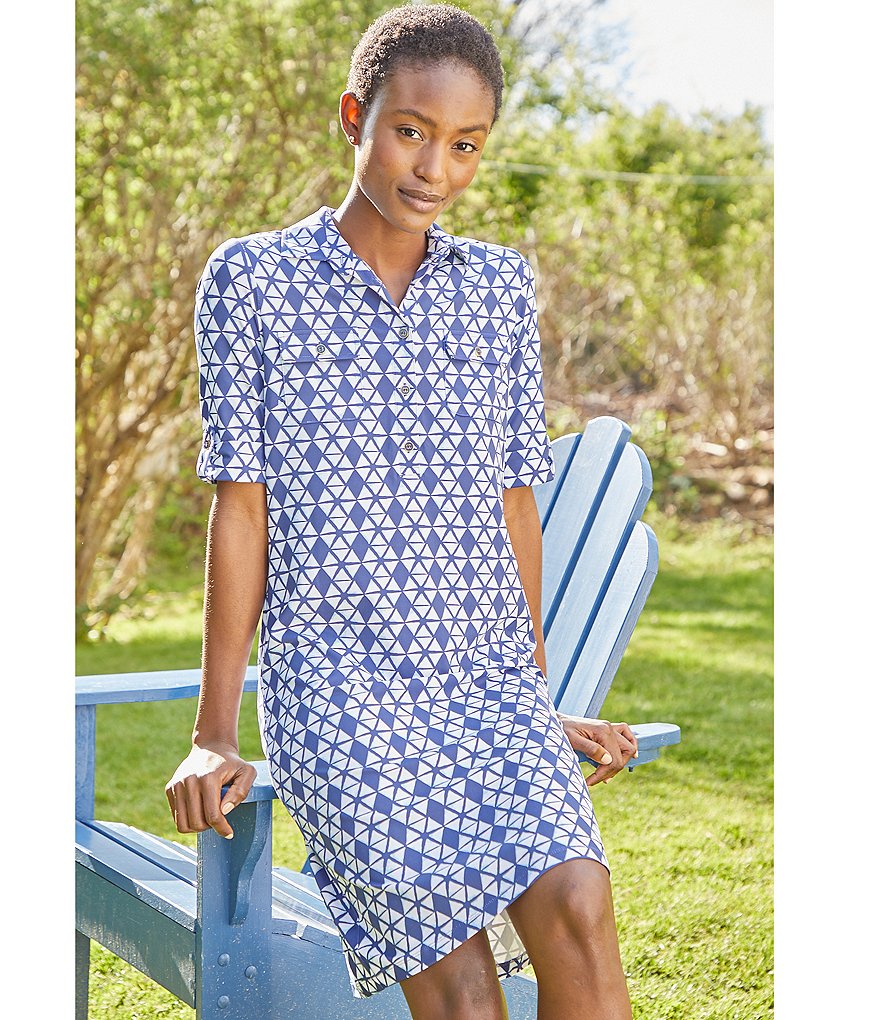 J.McLaughlin Lawrence Geo Diamond Print Knit Roll-Tab Elbow Sleeve Shirtdress
