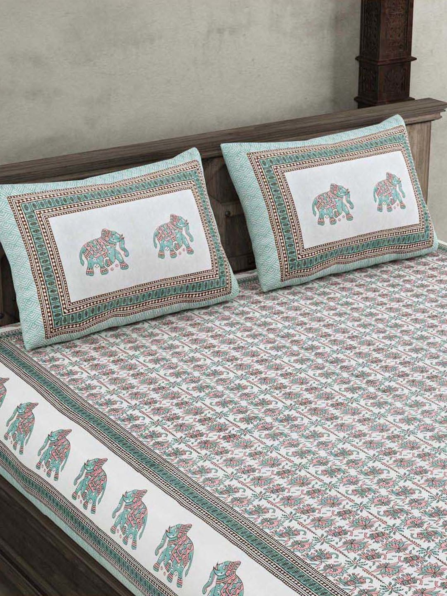 JaipurFabric Teal Cotton 180 TC Double Bedsheet with 2 Pillow Covers