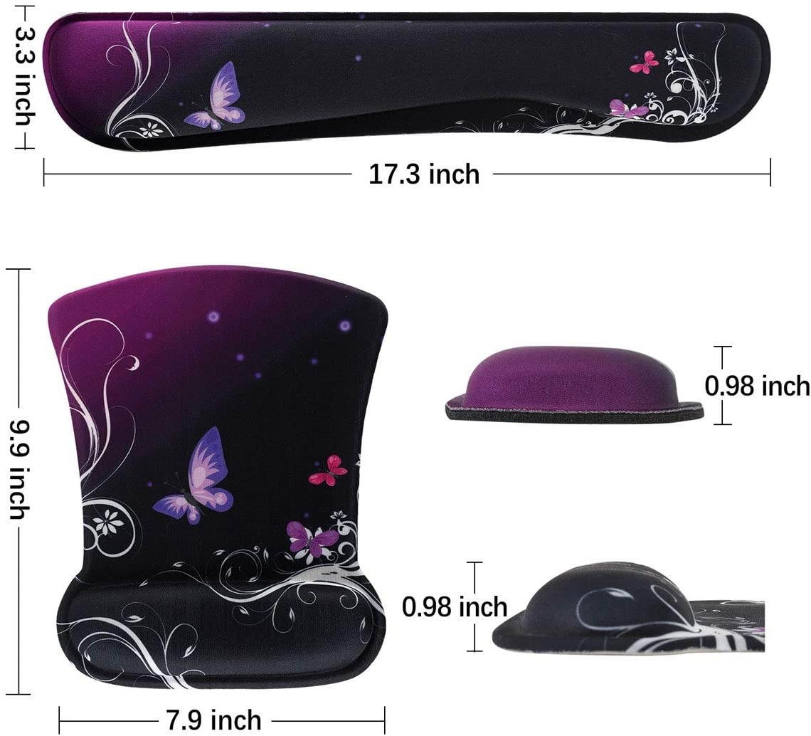 Keyboard Wrist Rest Pad Ergonomic Mouse Pad Set ToLuLu Mouse Pad for Computer Laptop Non Slip Mousepad Keyboard Wrist Support with Raised Memory Foam for Easy Typing Pain Relief Purple Butterfly