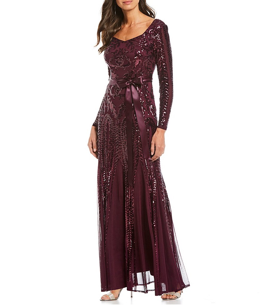 R & M Richards Sequin Embroidered Mesh Long Sleeve Gown